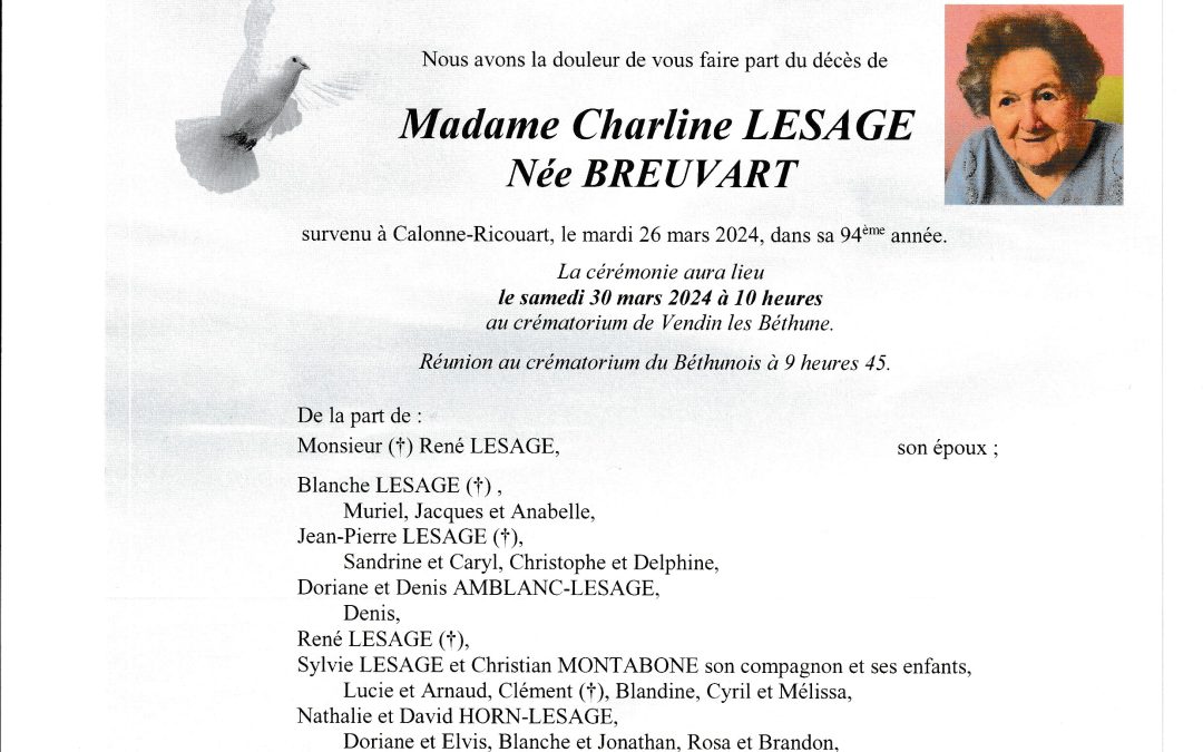 Madame Charline Lesage née Breuvart