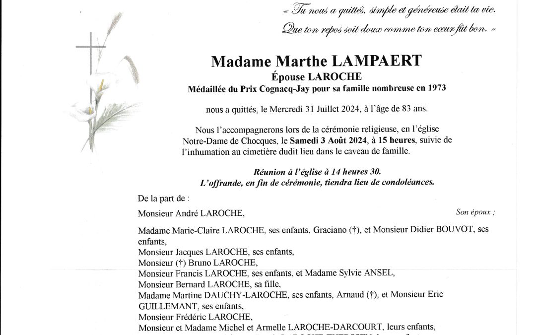 Madame Marthe LAROCHE née LAMPAERT