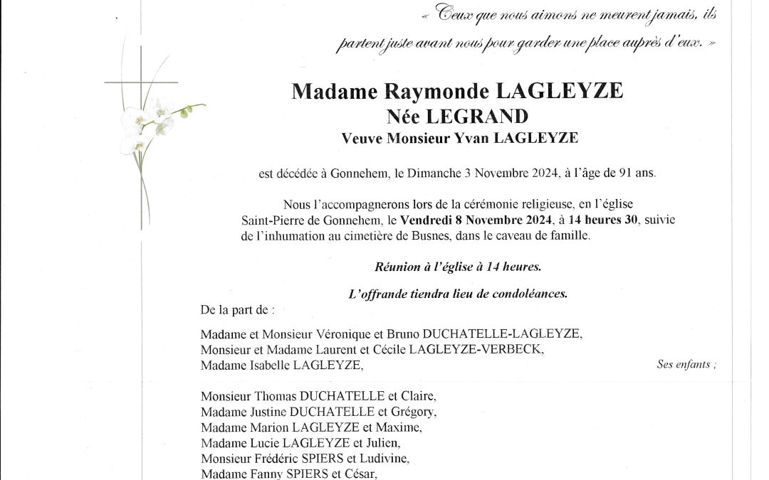 Madame Raymonde LAGLEYZE née LEGRAND