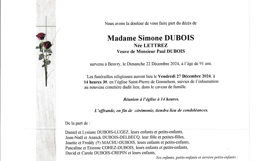 Madame Simone DUBOIS née LETTREZ