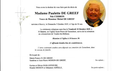 Madame Paulette DE GREEF née CODRON